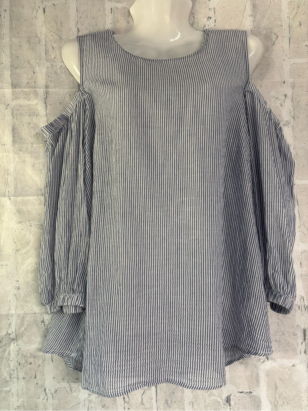Bobeau Blue and White Striped Cold-Shoulder Blouse